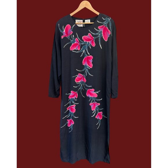 Vintage Passports Pier 1 Imports Black Floral Maxi Dress Large Y2K Dark Romantic - Picture 1 of 5